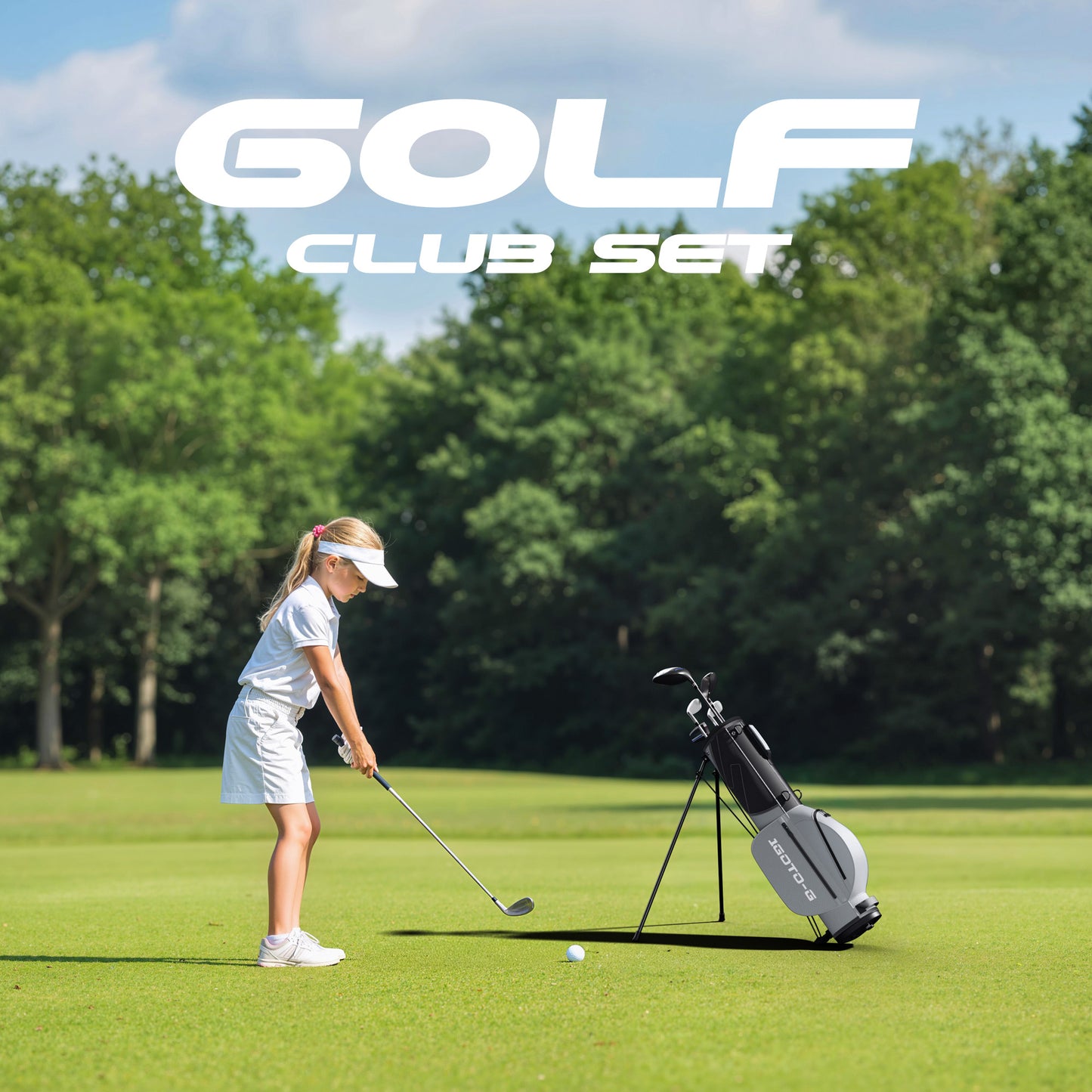 1GoTo-G 7 Pieces Kids Golf Clubs Set - Youth Golf Clubs Junior Set Ages 12-14 Includes Stand Bag, 1# Driver, 5# Hybrid, 7#, PW# Irons and Putter Right Hand for Boys Girls