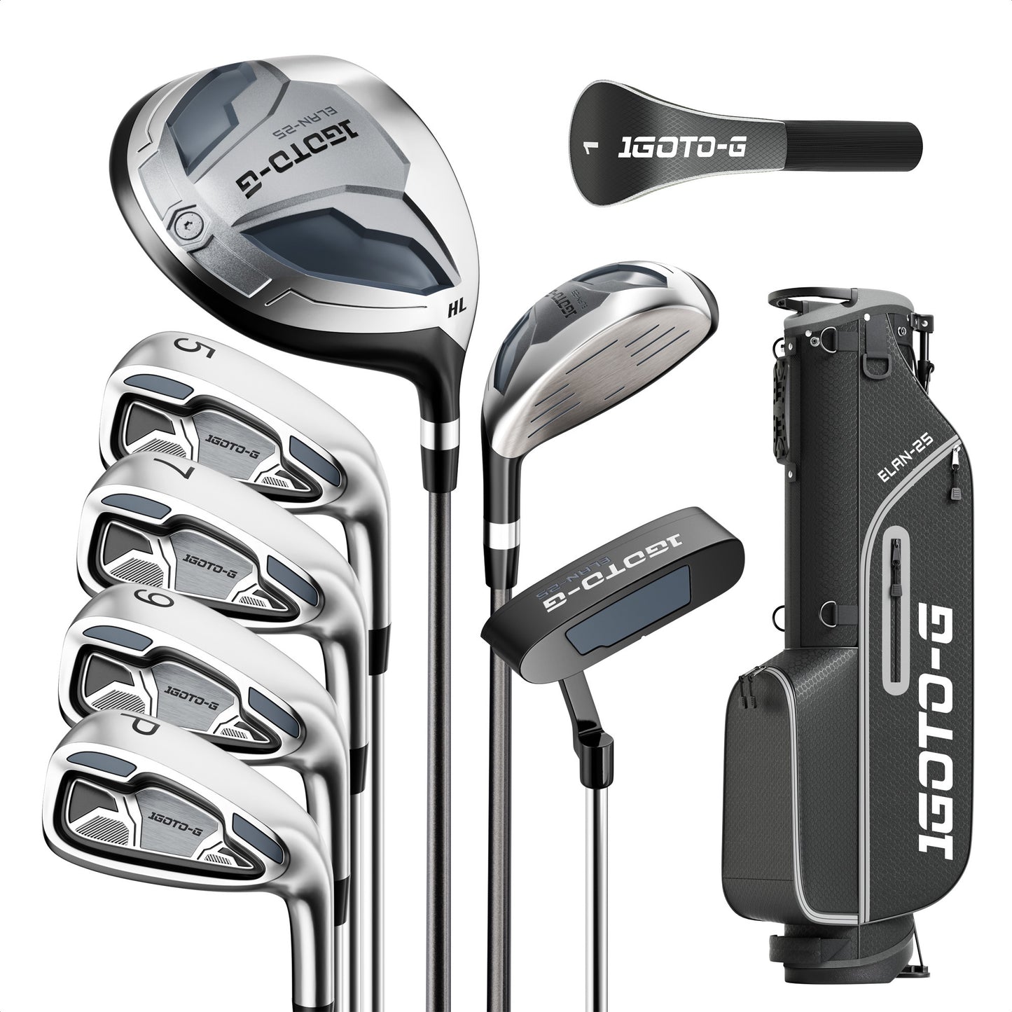 1GoTo-G 9 Pieces Golf Clubs Set for Men - Complete Mens Golf Clubs Full Set Right Handed Includes Stand Bag with Rain Hood, 1# Drive, 5# Hybrid, 5# 7# 9# PW# Irons and Putter
