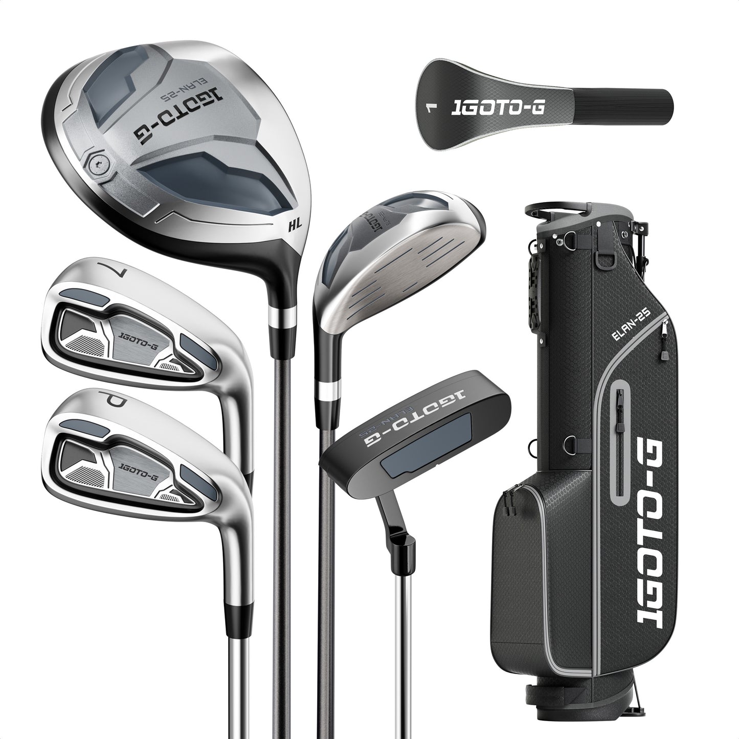 1GoTo-G 7 Pieces Golf Clubs Set for Men - Complete Mens Golf Clubs Full Set Right Handed Includes Stand Bag with Rain Hood, 1# Driver, 5# Hybrid, 7# PW# Irons and Putter