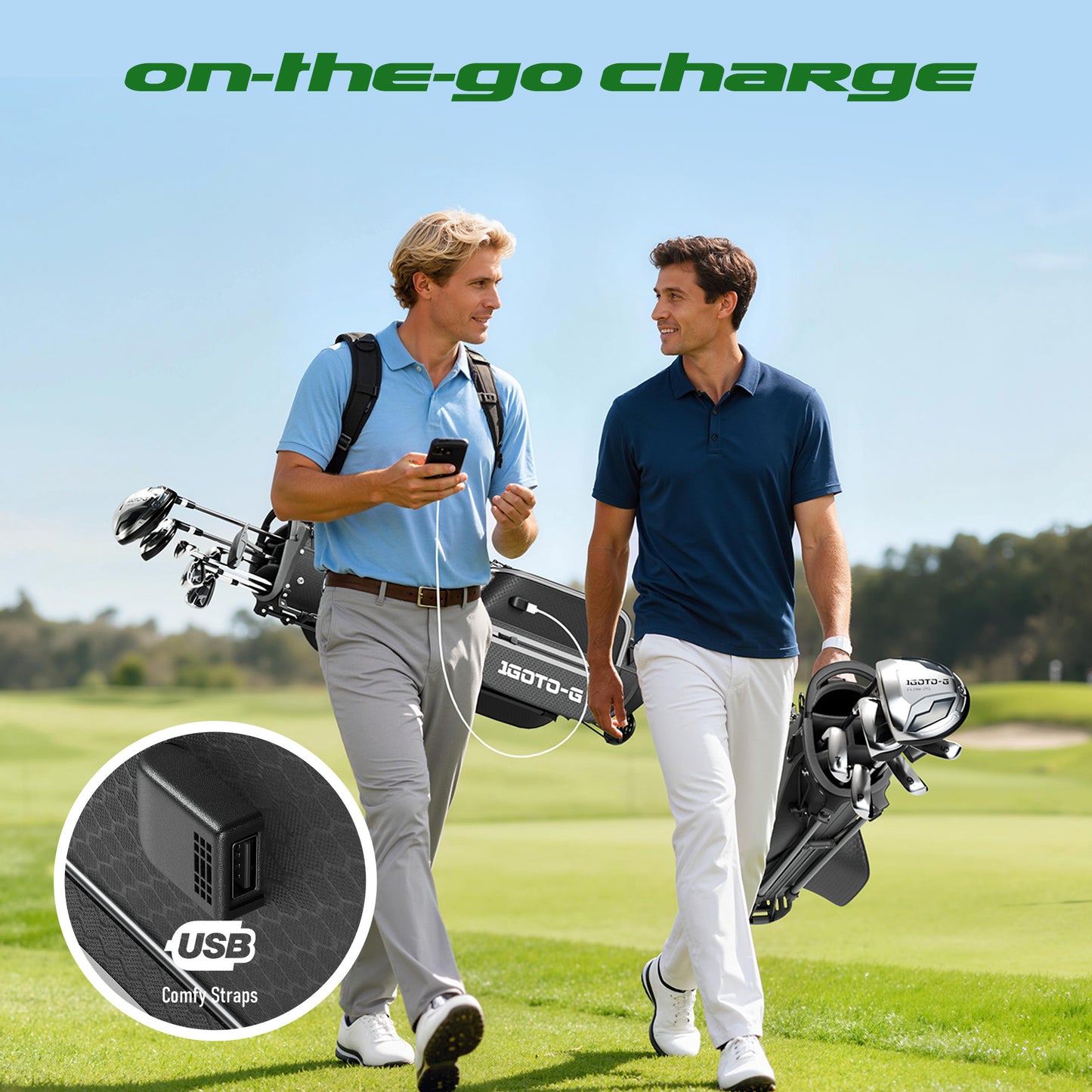 1GoTo-G Lightweight Golf Stand Bag - 4-Way Length Dividers Golf Club Bag with USB Charging Port and Rain Hood for Men & Women, Driving Range & Par 3