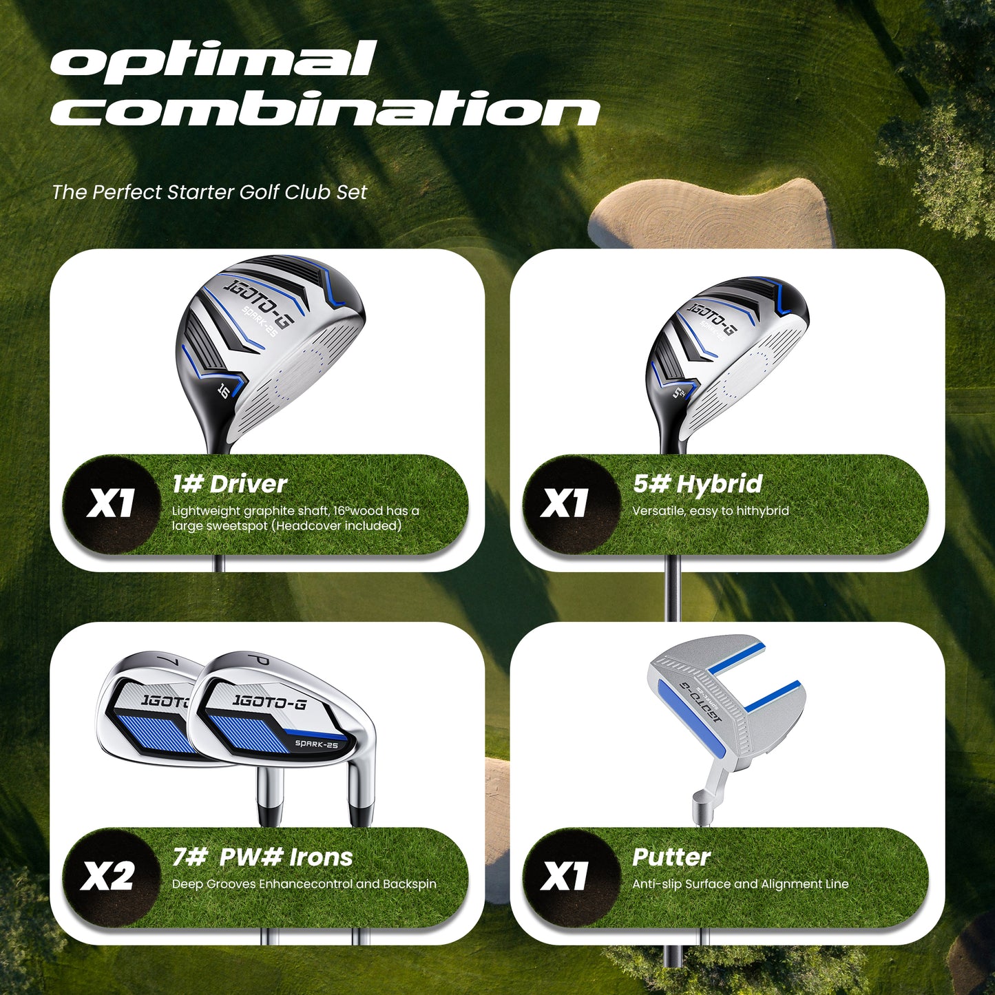 1GoTo-G 7 Pieces Kids Golf Clubs Set - Youth Golf Clubs Junior Set Ages 12-14 Includes Stand Bag, 1# Driver, 5# Hybrid, 7#, PW# Irons and Putter Right Hand for Boys Girls