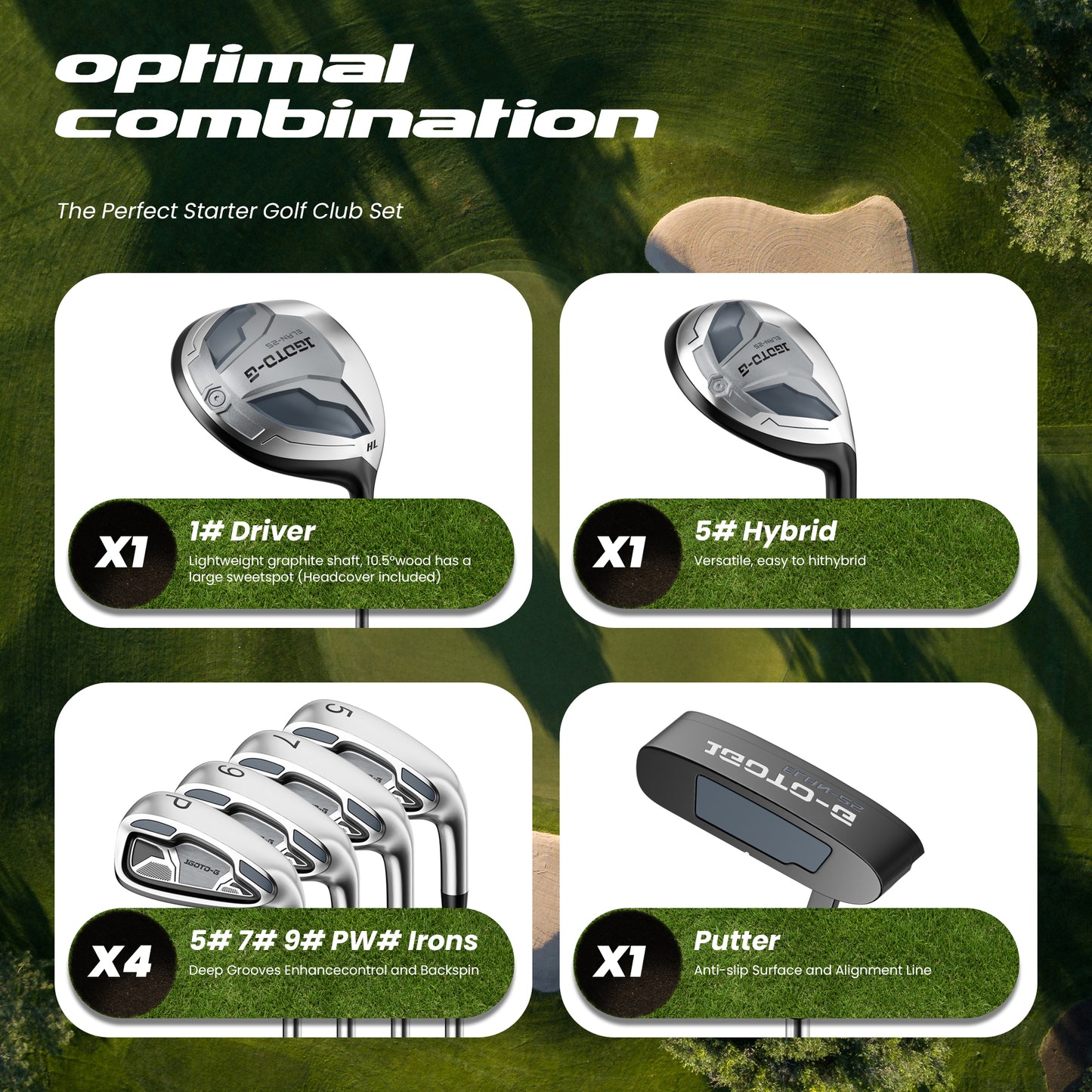 1GoTo-G 9 Pieces Golf Clubs Set for Men - Complete Mens Golf Clubs Full Set Right Handed Includes Stand Bag with Rain Hood, 1# Drive, 5# Hybrid, 5# 7# 9# PW# Irons and Putter