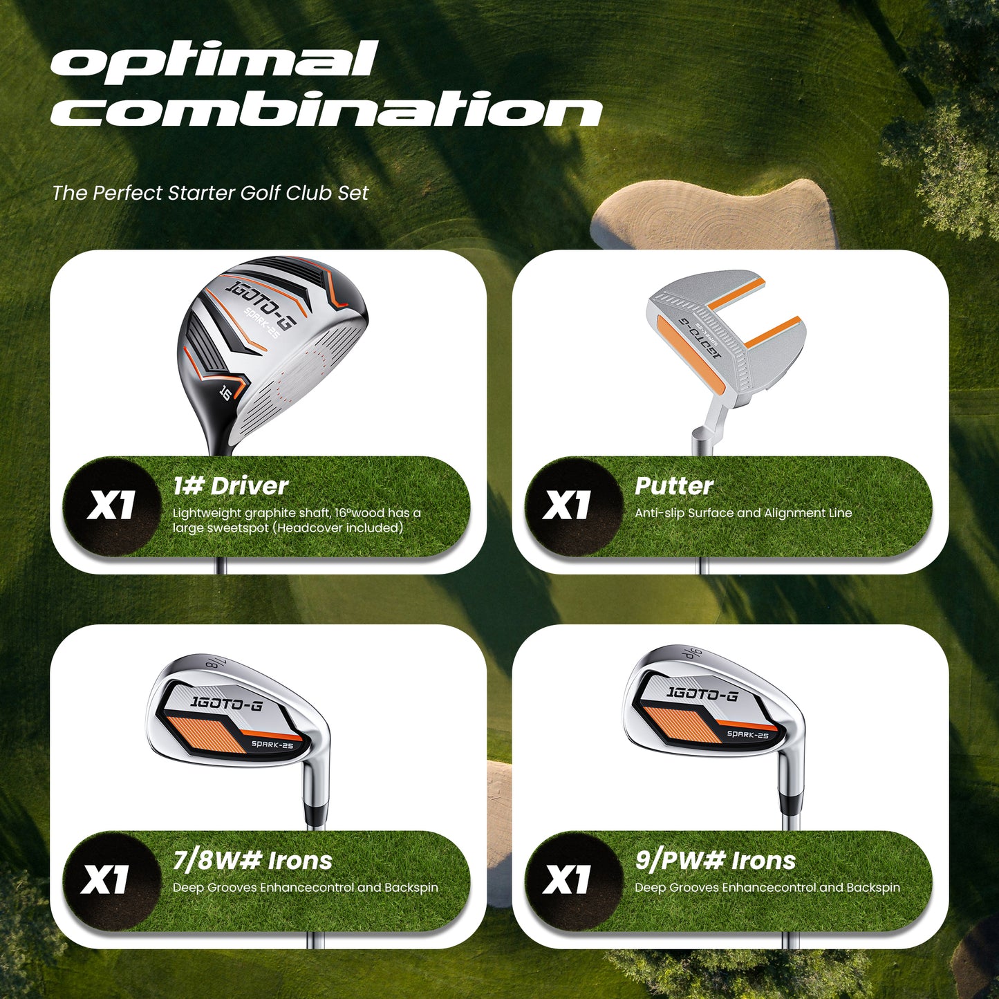 1GoTo-G 6 Pieces Kids Golf Clubs Set - Youth Golf Clubs Junior Set Ages 6-8 Includes Stand Bag, 1# Driver, 7/8#, 9/P# Irons and Putter Right Hand for Boys Girls