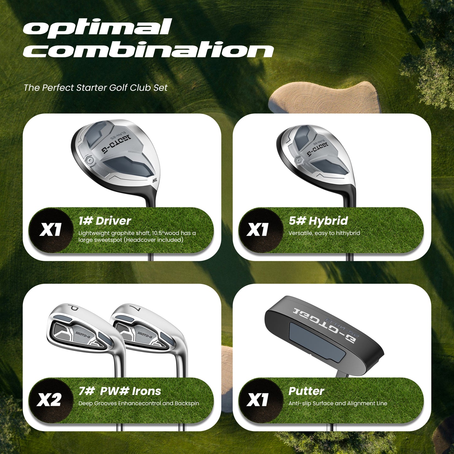 1GoTo-G 7 Pieces Golf Clubs Set for Men - Complete Mens Golf Clubs Full Set Right Handed Includes Stand Bag with Rain Hood, 1# Driver, 5# Hybrid, 7# PW# Irons and Putter