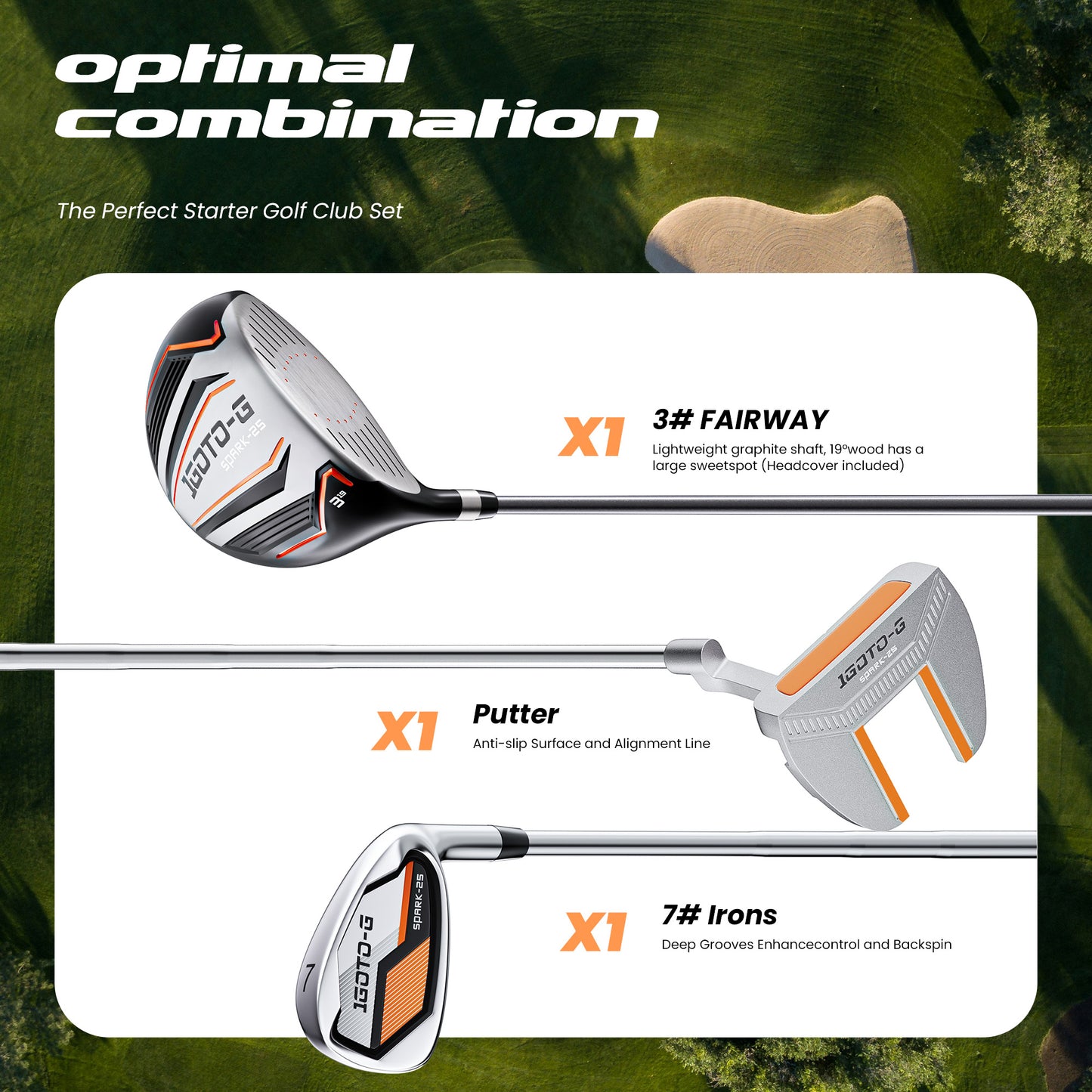 1GoTo-G 5 Pieces Kids Golf Clubs Set - Youth Golf Clubs Junior Set Ages 3-5 Includes Carry Bag, 3# Fairway Wood, 7# Iron, Putter Right Hand for Boys Girls