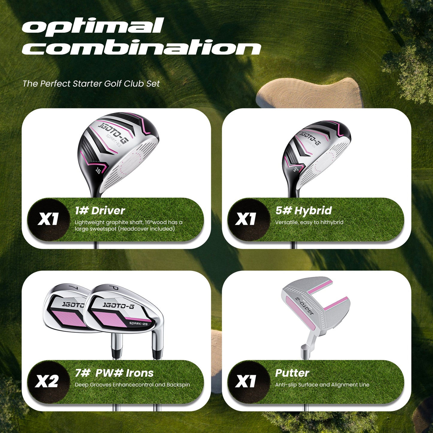 1GoTo-G 7 Pieces Kids Golf Clubs Set - Youth Golf Clubs Junior Set Ages 12-14 Includes Stand Bag, 1# Driver, 5# Hybrid, 7#, PW# Irons and Putter Right Hand for Boys Girls