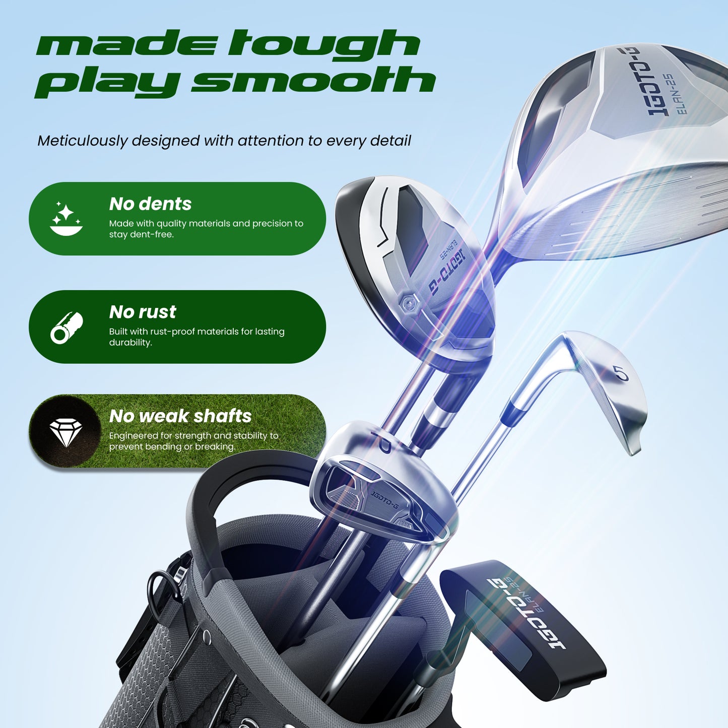 1GoTo-G 7 Pieces Golf Clubs Set for Men - Complete Mens Golf Clubs Full Set Right Handed Includes Stand Bag with Rain Hood, 1# Driver, 5# Hybrid, 7# PW# Irons and Putter