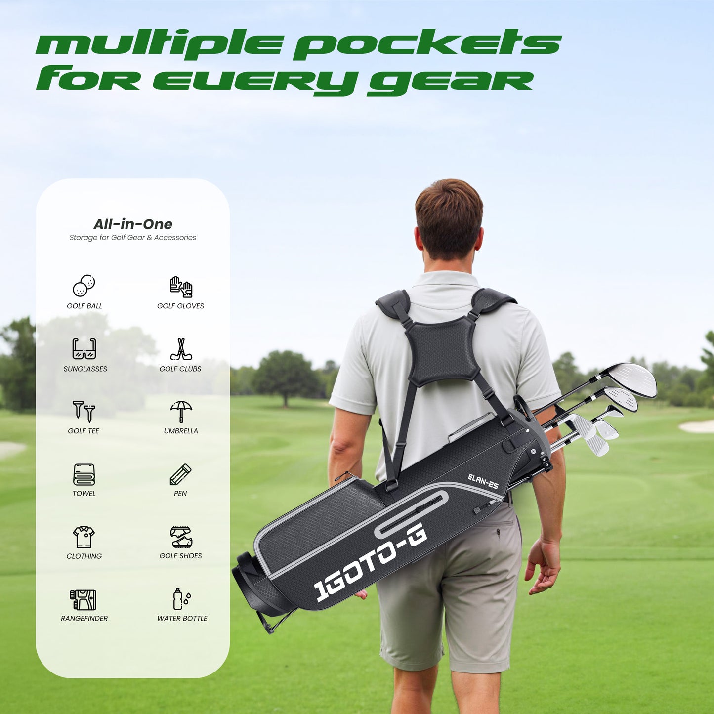 1GoTo-G Lightweight Golf Stand Bag - 4-Way Length Dividers Golf Club Bag with USB Charging Port and Rain Hood for Men & Women, Driving Range & Par 3