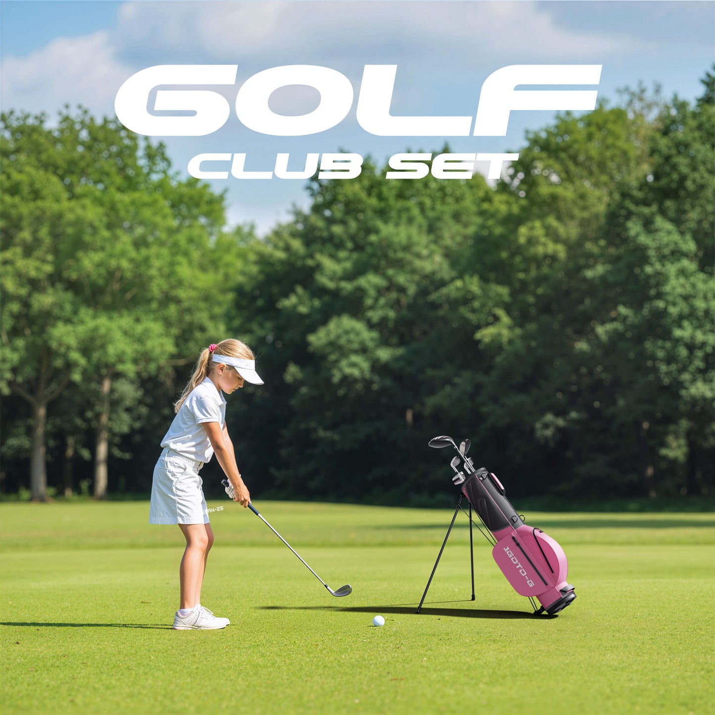 1GoTo-G 7 Pieces Kids Golf Clubs Set - Youth Golf Clubs Junior Set Ages 12-14 Includes Stand Bag, 1# Driver, 5# Hybrid, 7#, PW# Irons and Putter Right Hand for Boys Girls